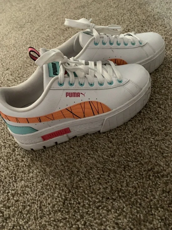 Puma White Platform Sneakers with Orange Formstripe and Pink Accents - Picture 2 of 4